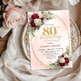 Convites Burgundy Blush Floral Chic 80th Birthday Invite