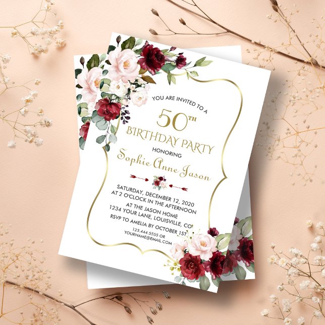 Convites Burgundy Blush Floral Dourado Frame 50º Aniversári (50th birthday, trendy 50th birthday invitation, modern gold floral birthday invite)