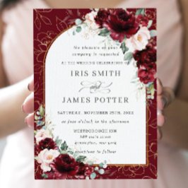 Convites Burgundy Blush Floral Flowers Arch Dourado Casamen