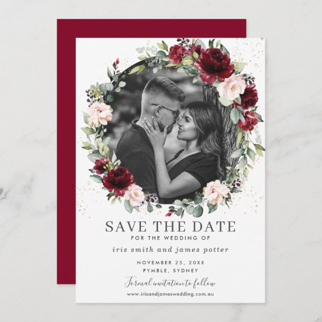 Convites Burgundy Blush Floral Photo Save the Date Card (Frente/Verso)