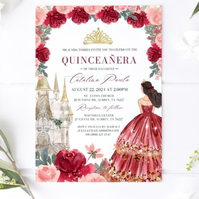 Convites Burgundy Blush Floral Quinceanera Invitation Red (Criador carregado)