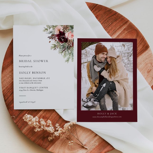 Convites Burgundy Blush Floral Winter Chá de panela Invite (Criador carregado)