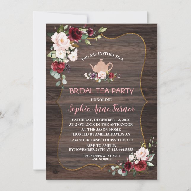 Convites Burgundy Blush Flowers de Madeira Bridal Tea Party (Frente)