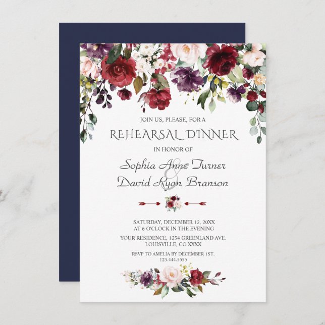 Convites Burgundy Blush Flowers Marinho Janto de Ensaio Azu (Frente/Verso)