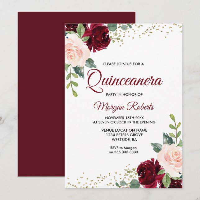 Convites Burgundy Blush Glitter Quinceanera Floral (Frente/Verso)