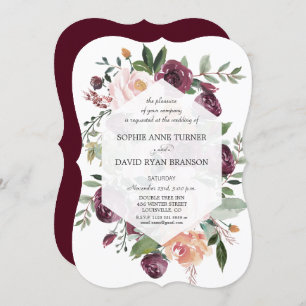 Convites Burgundy Blush Ivory Floral Casamento Geométrico