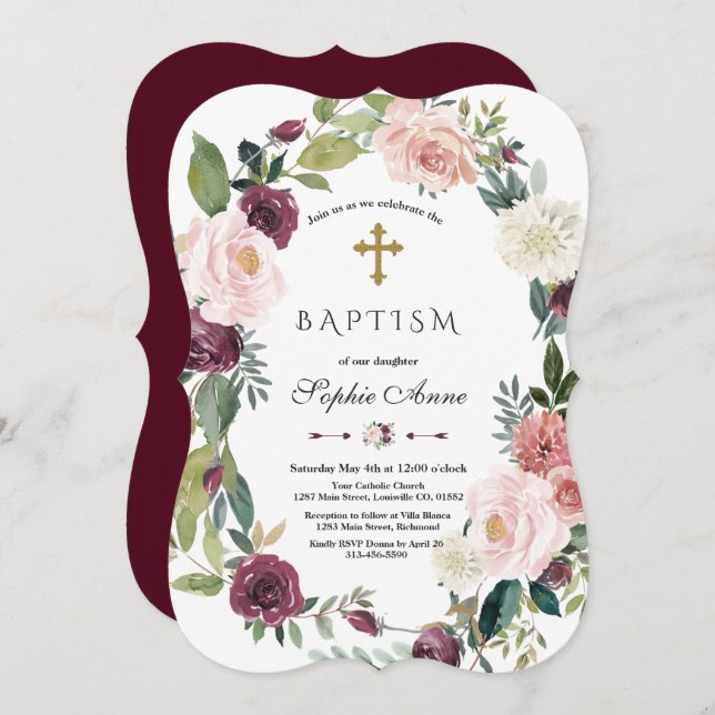 Convites Burgundy Blush Ivory Floral Wreath Baptism (Frente/Verso)