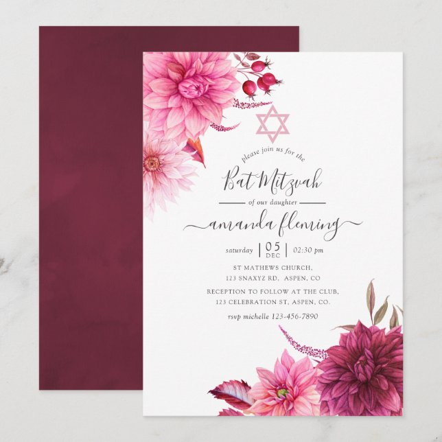 Convites Burgundy & Blush Outono Floral Bat Mitzvah (Frente/Verso)
