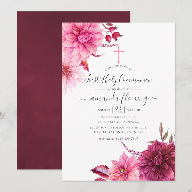 Convites Burgundy & Blush Outono Floral Primeira Comunhão (Frente/Verso)