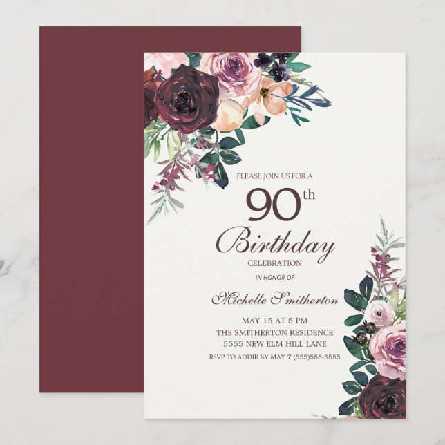 Convites Burgundy Blush Pink Floral Folha 90 Aniversário (Frente/Verso)