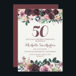 Convites Burgundy Blush Pink Floral Sai 50º Aniversário<br><div class="desc">Burgundy elegante e floral cor-de-água cor-de-rosa esbranquiçada com folhas verdes sábias no convite de aniversário 50º branco com uma bela fonte de escrita caligráfica.</div>