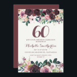 Convites Burgundy Blush Pink Floral Sobra 60º Aniversário<br><div class="desc">Burgundy elegante e floral cor-de-água cor-de-rosa esbranquiçada com folhas verdes sábias no convite de aniversário 60º branco com uma bela fonte de escrita caligráfica.</div>