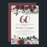 Convites Burgundy Blush Pink Floral Sobra 60º Aniversário<br><div class="desc">Burgundy elegante e floral cor-de-água cor-de-rosa esbranquiçada com folhas verdes sábias no convite de aniversário 60º branco com uma bela fonte de escrita caligráfica.</div>