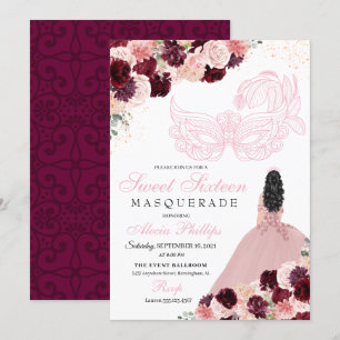 Convites Burgundy Blush Pink Mascarada Floral Sweet 16 Inv