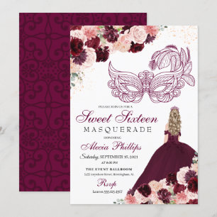Convites Burgundy Blush Pink Mascarada Floral Sweet 16 Inv