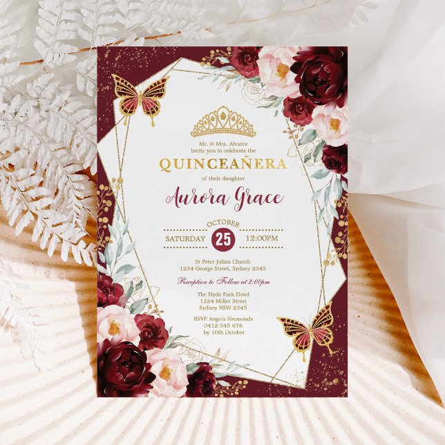Convites Burgundy Blush Quinceañera Butterflies Mis Quince (Criador carregado)