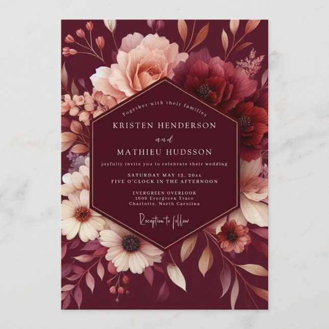 Convites Burgundy Blush Romantic Wedding (Frente)