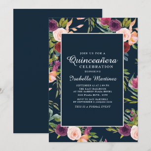 Convites Burgundy Blush Rosa Azul Floral Quinceañera