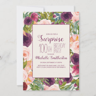 Convites Burgundy Blush Rosa Floral 100º Aniversário