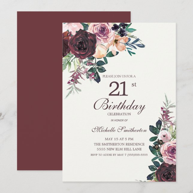 Convites Burgundy Blush Rosa Floral Folhas 21º Aniversário (Frente/Verso)