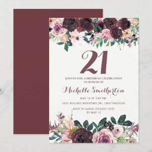 Convites Burgundy Blush Rosa Floral Folhas 21º Aniversário