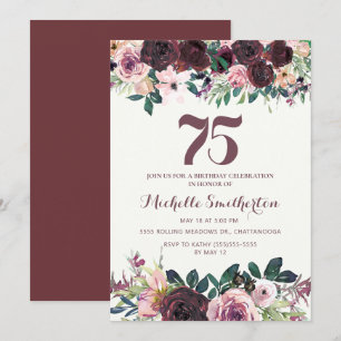 Convites Burgundy Blush Rosa Floral Folhas 75º Aniversário