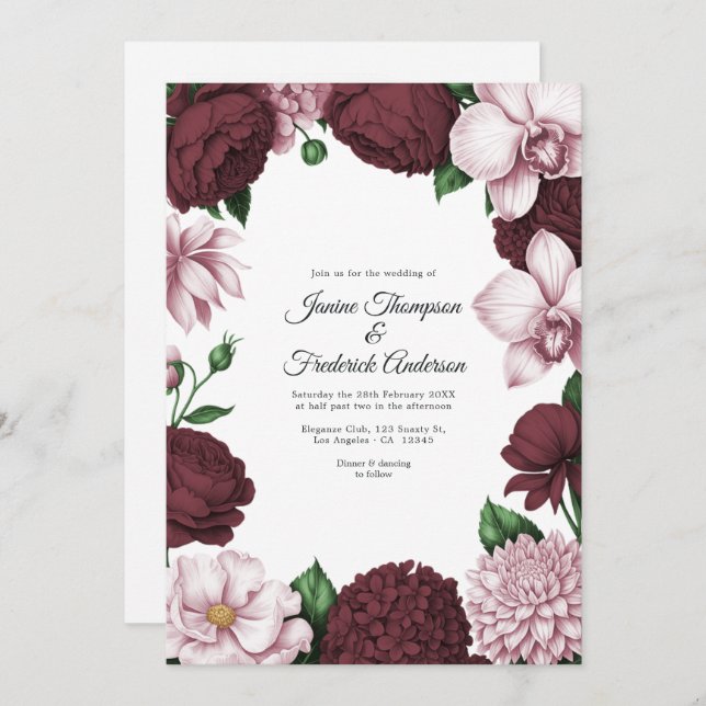 Convites Burgundy & Blush Watercolor Floral Wedding (Frente/Verso)