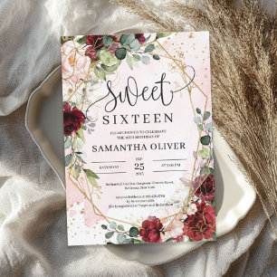 Convites Burgundy Bohemian floral gold geométrico doce 16