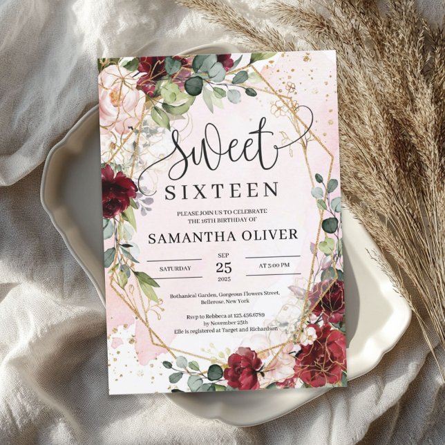 Convites Burgundy Bohemian floral gold geométrico doce 16 (Bohemian burgundy floral gold geometric sweet 16 invitation)