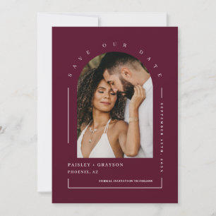 Convites Burgundy Boho Arch Photo Código QR Salve Nossa Dat