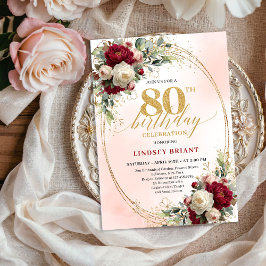 Convites Burgundy Boho Chic Floral 80th Birthday Party 