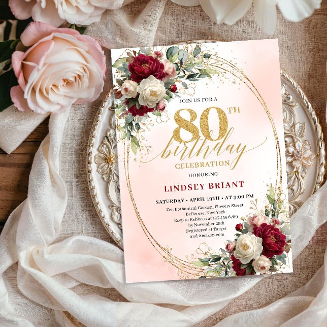 Convites Burgundy Boho Chic Floral 80th Birthday Party  (Burgundy Boho Chic Floral 80th Birthday Party Invite)