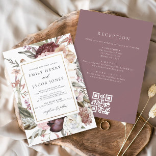 Convites Burgundy Boho Floral All in One QR Code Weding