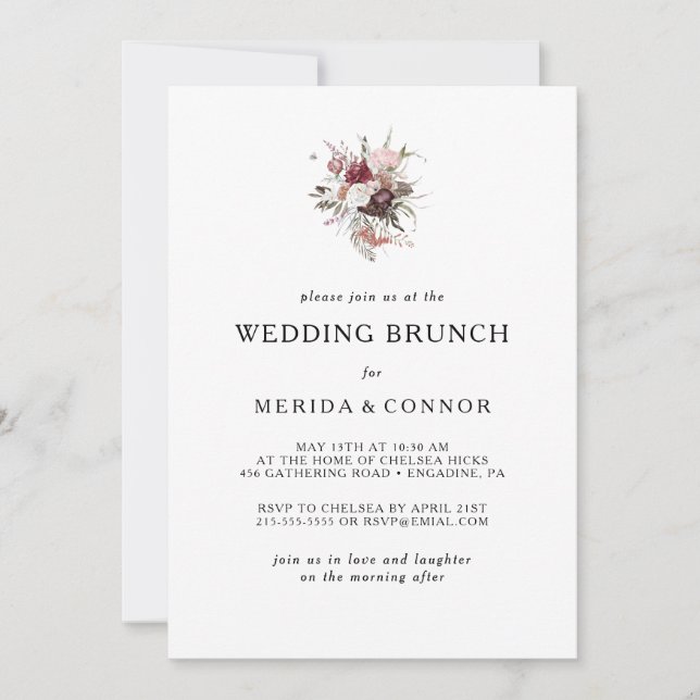 Convites Burgundy Boho Floral Casamento Brunch (Frente)
