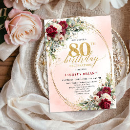 Convites Burgundy Boho Garden Floral 80th Birthday Invite