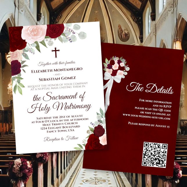 Convites Burgundy Boho Roses Catholic QR Code Wedding (front/back)