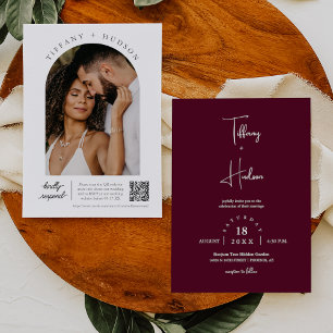 Convites Burgundy Boho Wedch Arch Photo Código QR RSVP