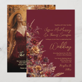 Convites Burgundy Boho Wildflowers & Photo QR Code Wedding