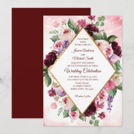 Convites Burgundy Boho Wine Watercolor Floral Wedcard
