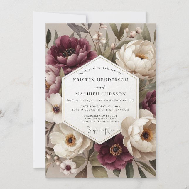 Convites Burgundy Botanical Bloom Wedding (Frente)