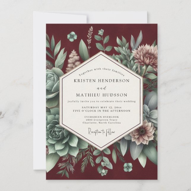 Convites Burgundy Botanical Elegance Wedding (Frente)