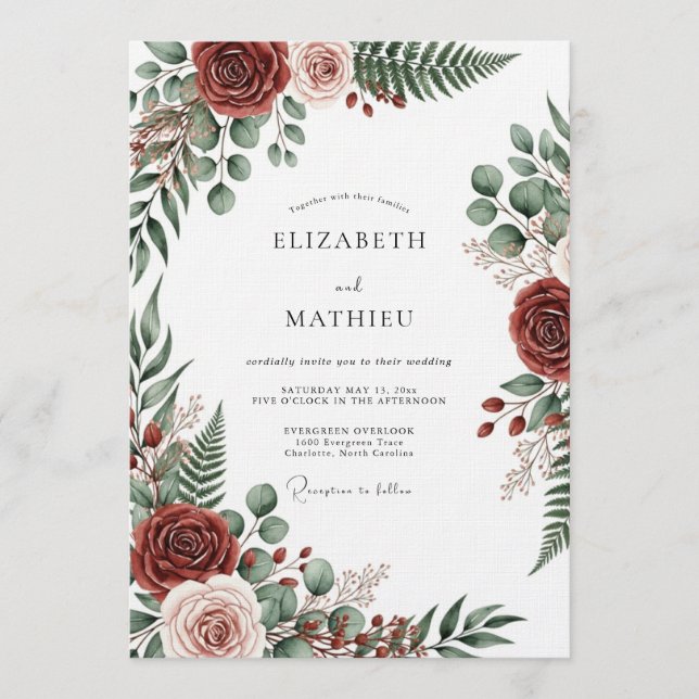 Convites Burgundy Botanical Romantic Wedding (Frente)