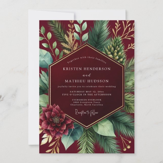 Convites Burgundy Botanical Winter Wedding (Frente)