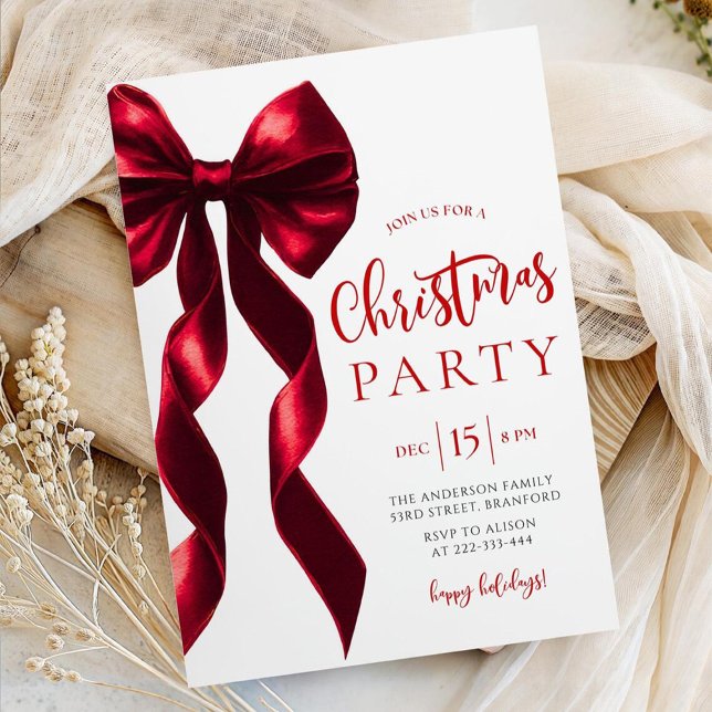 Convites Burgundy Bow Christmas Party Invitation (Criador carregado)