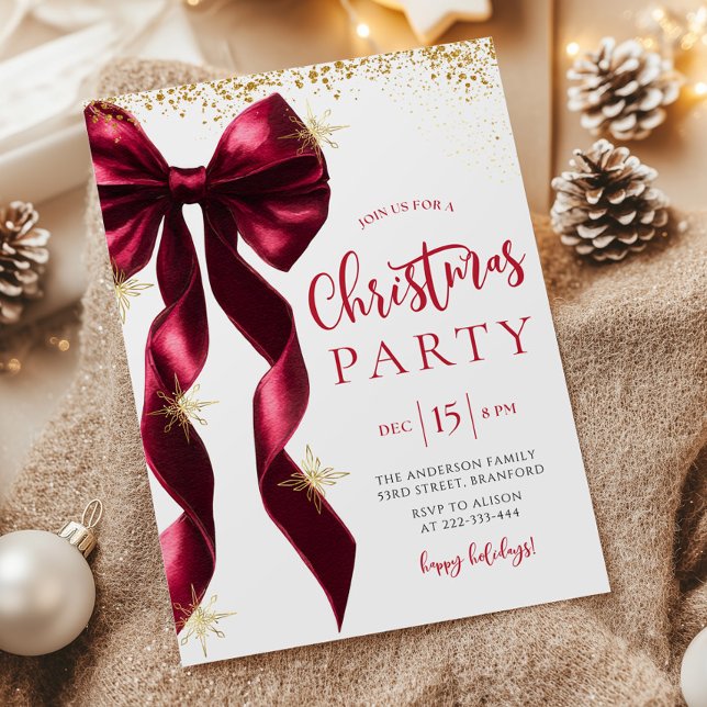 Convites Burgundy Bow Christmas Party Invitation (Criador carregado)