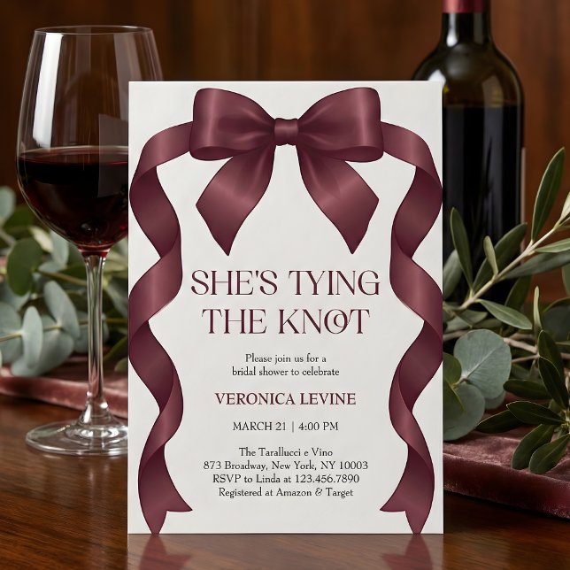 Convites Burgundy Bow She’s Tying the Knot Bridal Shower  (Coquette Black Bow Champagne Coupe She's Tying The Knot Bridal Shower invitation)