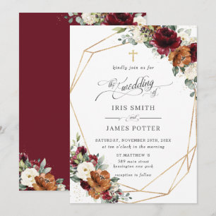 Convites Burgundy Branco Ferrugem Laranja Floral Igreja Cas