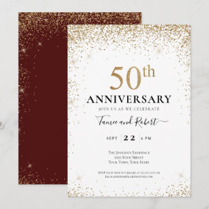 Convites Burgundy Branco Ouro 50º Aniversário de Casamento 