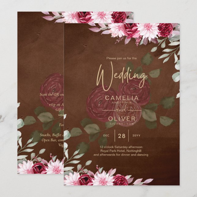 Convites Burgundy Brown Floral Winter Casamento outono Invi (Frente/Verso)
