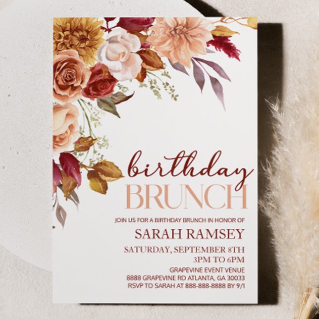 Convites Burgundy Brown Orange Floral Birthday Brunch (Criador carregado)